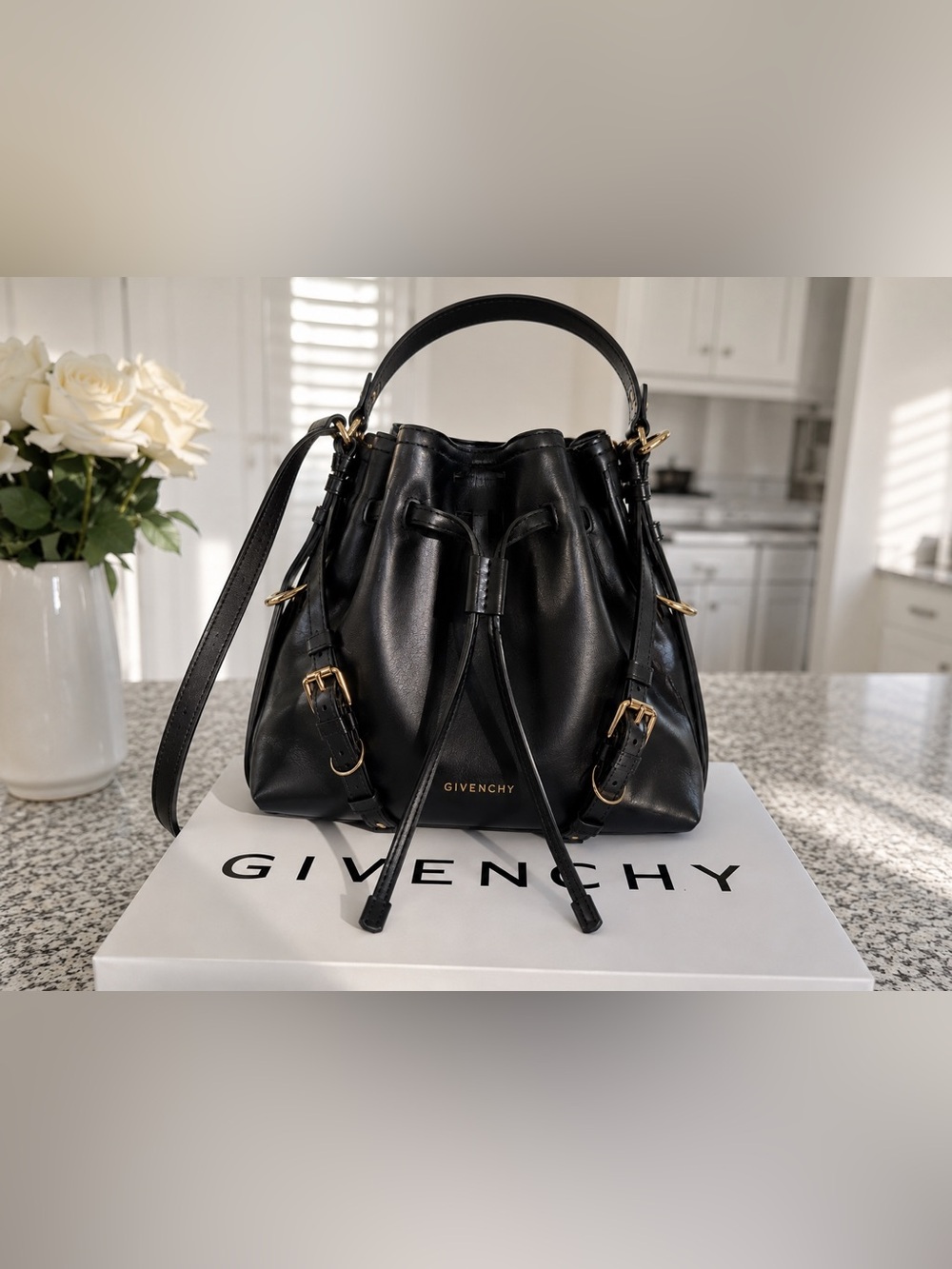 SOLD  Givenchy Small Voyou Bucket Bag Black Shiny Calfskin Leather Gold Hardware - Picture 4 of 17
